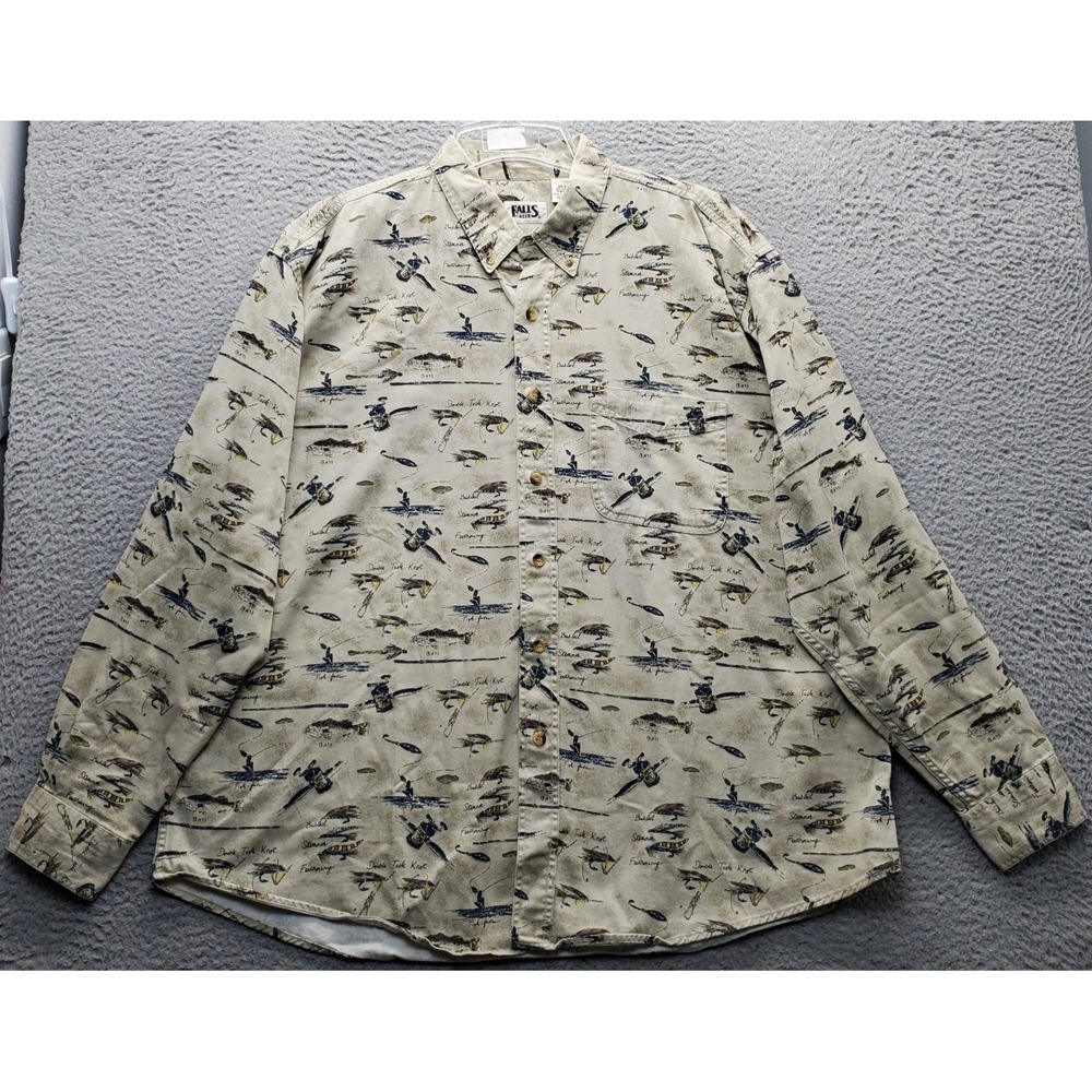 Falls Creek Shirt Mens 2X Multi Fishing Lures Flies Print Collared Button-Up EUC